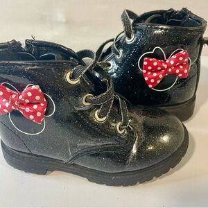 Disney Minnie Mouse Black Glitter Combat Boots with Red Polka Dot Bow